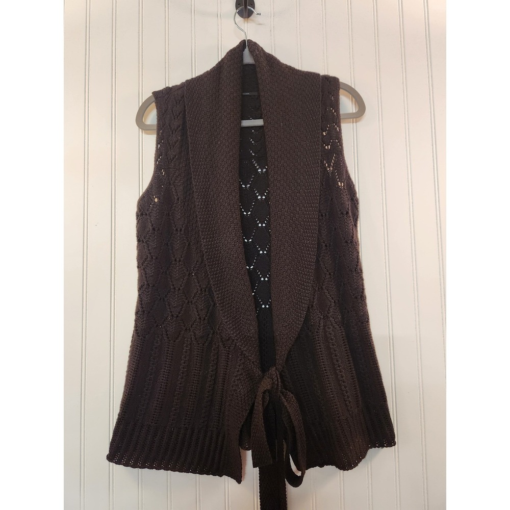 Elie Tahari 100% Merino Wool Pointelle Knit Tie Waist Vest Cardigan Brown Small